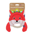 Load image into Gallery viewer, A red and white recycled pet flying disc dog toy by PawsPik with a rope, on a cardboard hanger.