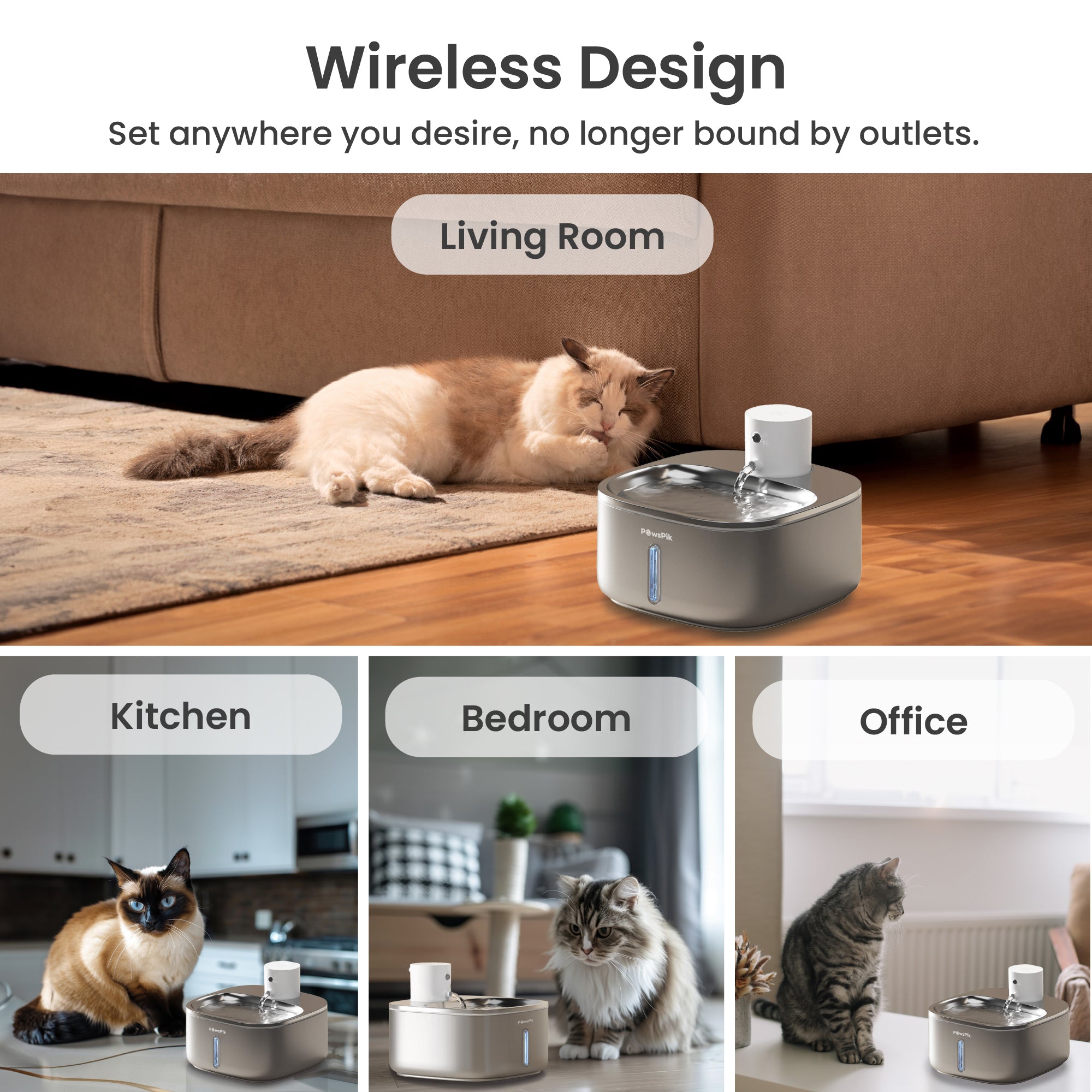 Graphic featuring various cats using auto pet water dispenser in different rooms: living room, kitchen,
bedroom, and office.