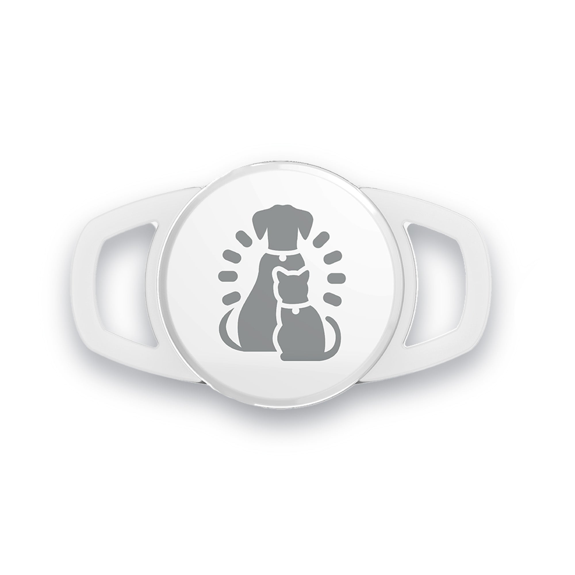 Image representing newly designed white tag which is compatible with PawsPik Automatic Pet Feeders.