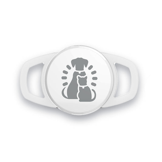 Image representing newly designed white tag which is compatible with PawsPik Automatic Pet Feeders.