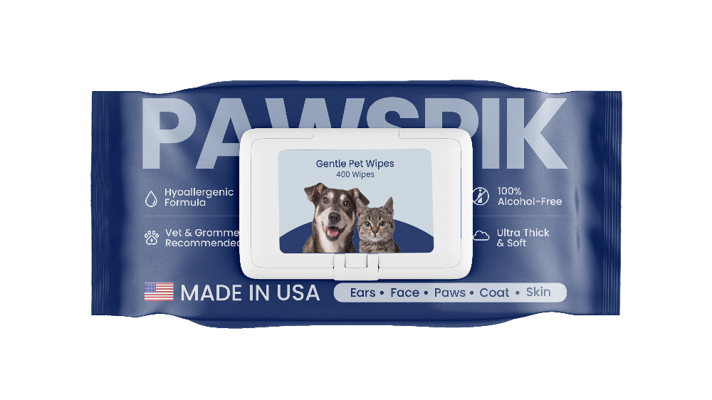 Pack of Made in USA pet wipes labelled "PAWSPIK" with a dog and cat picture, emphasizing hypoallergenic and alcohol-free.