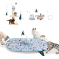 Load image into Gallery viewer, : Several playful cats interact with a rotating automatic cat toy on a colorful cat play mat, featuring a feather teaser and a scratching post.
