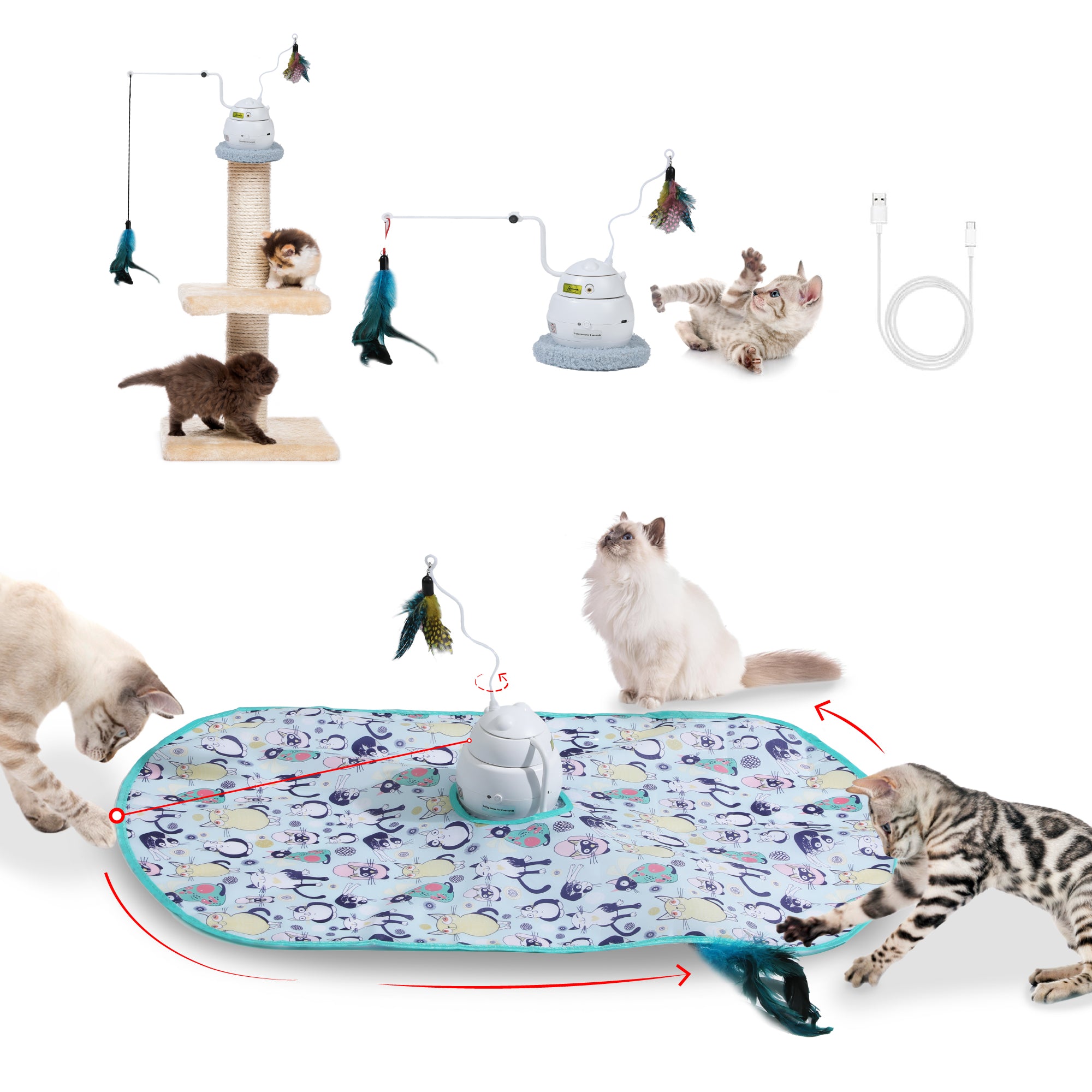 : Several playful cats interact with a rotating automatic cat toy on a colorful cat play mat, featuring a feather teaser and a scratching post.