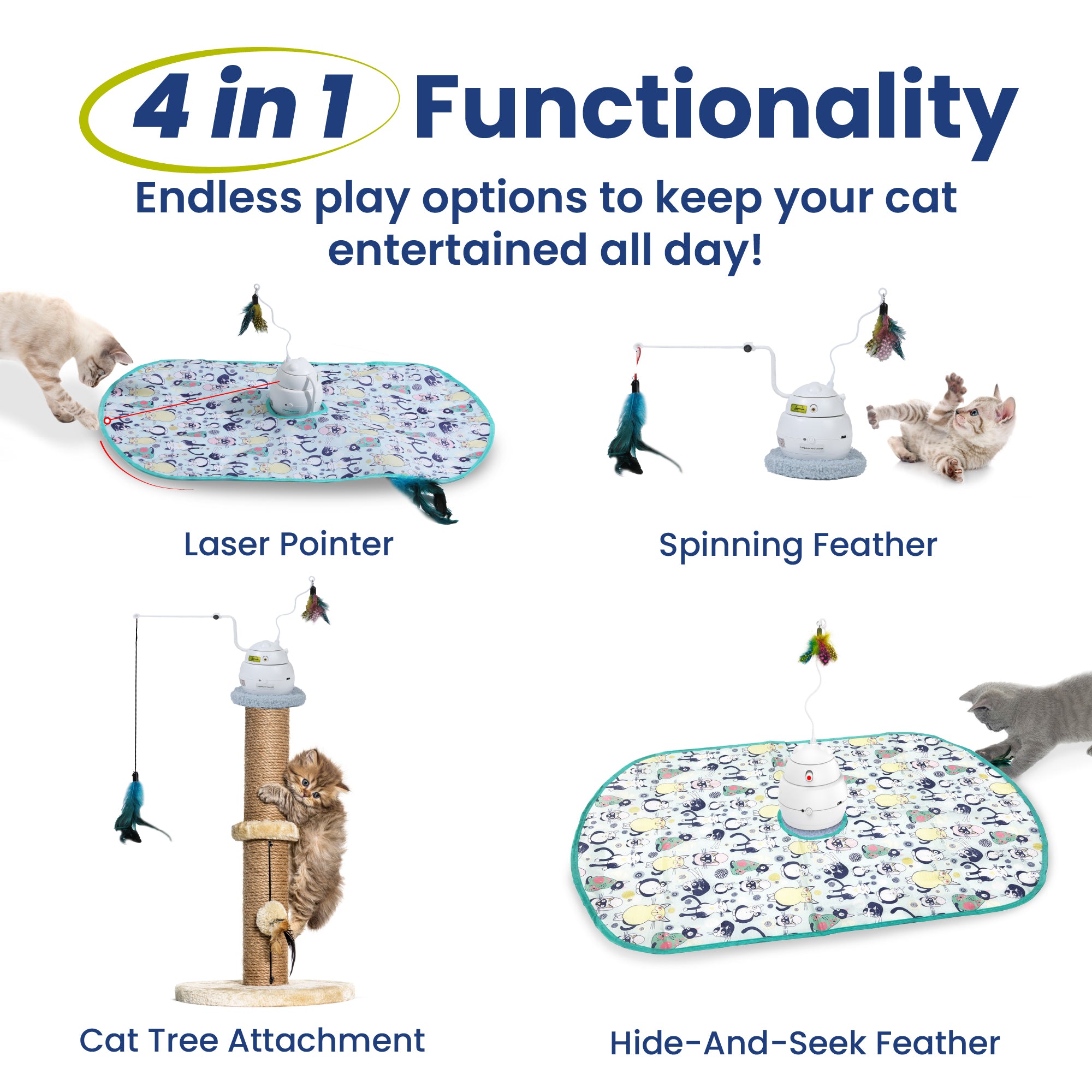 A colorful cat play mat with various toys: laser pointer, spinning feather, cat tree attachment, and hide-and-seek feather for endless fun.