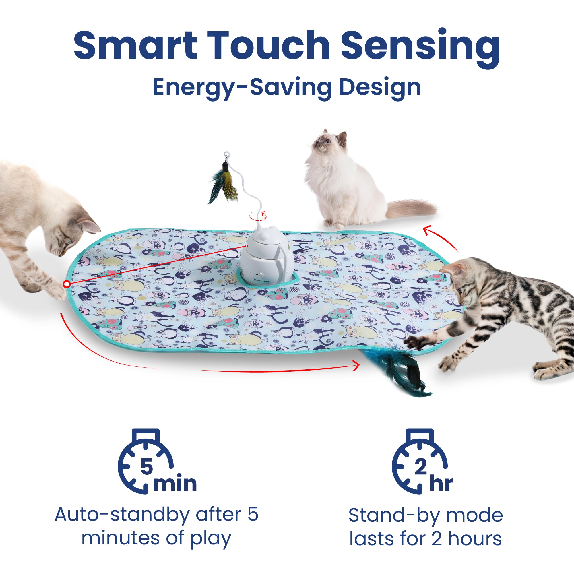 Three cats play with a colorful cat play mat featuring an automatic cat toy. The design has smart touch sensing and energy-saving features.