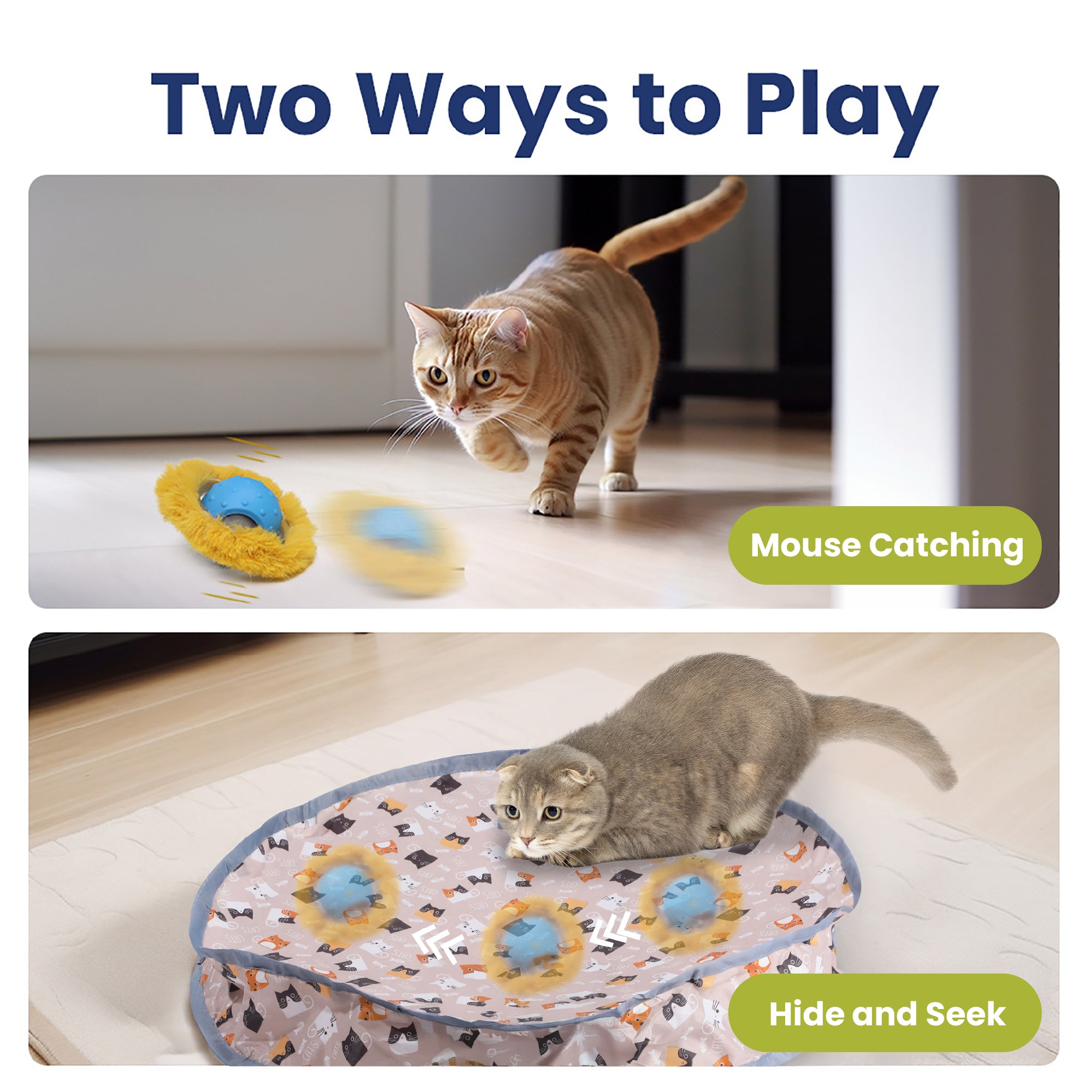 A playful orange tabby chases a toy in the top image, while a gray cat pounces from a patterned play mat in the bottom image, both playing with PawsPik smart cat toys. 