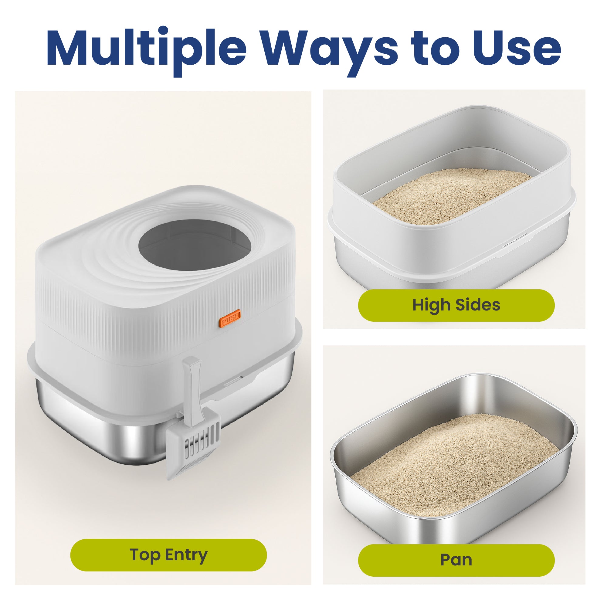 PawsPik Extra-Large Stainless Steel Top Entry Cat Litter Box & Scooper, Gray, Silver, XL