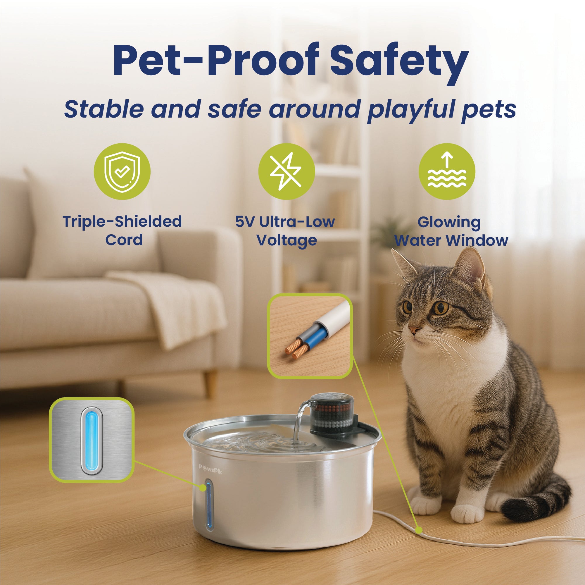 PawsPik® PureFlow MAX Stainless Steel Cat and Small Dog Water Fountain, 3.2 L