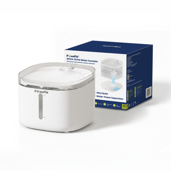 A white pet water fountain with a clear lid and a blue packaging box labeled "PawsPik NOVA-01" highlighting its features and benefits.