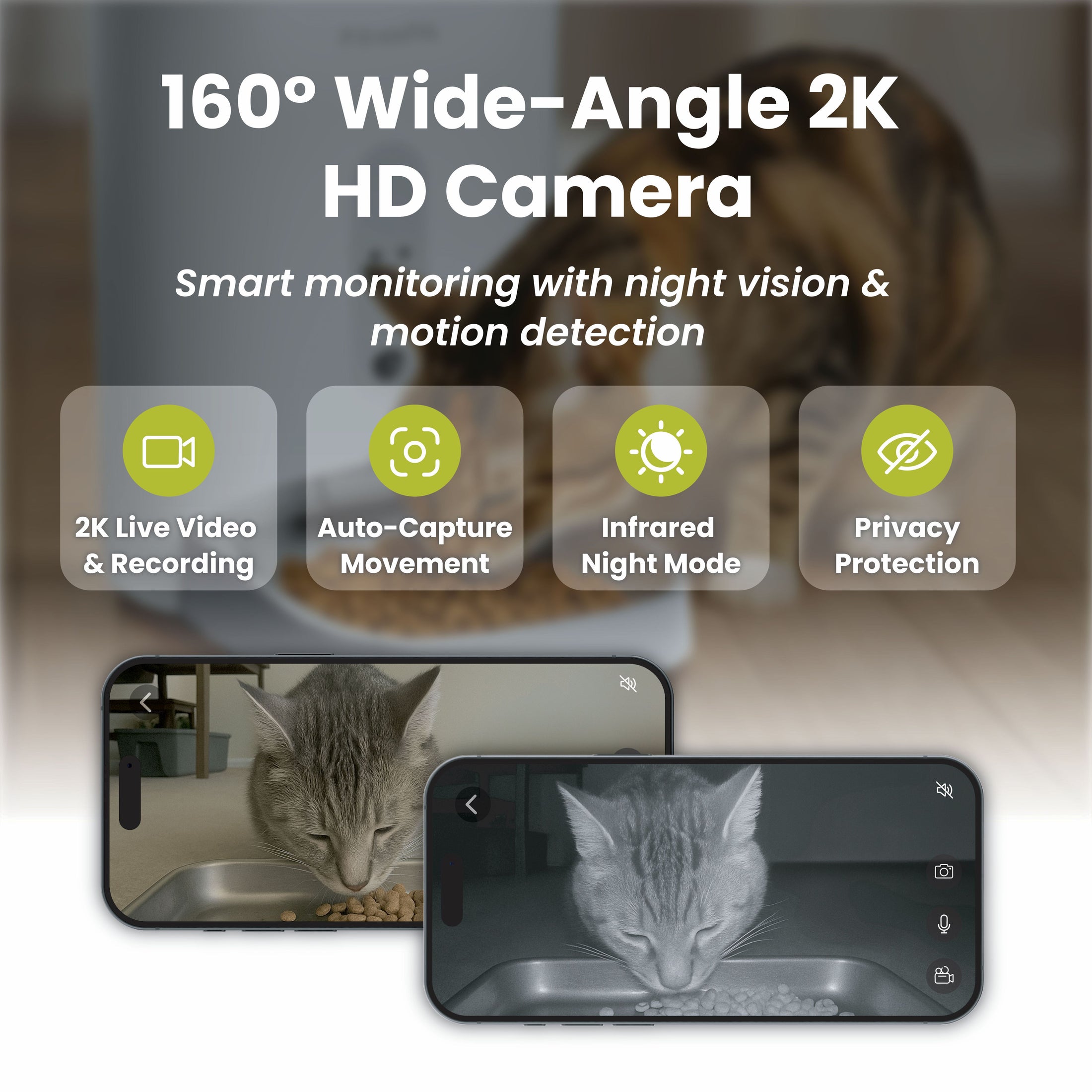 PawsPik Automatic Cat Feeder with 2K HD camera features a 160° view, showcasing a cat eating, with highlights on night vision and motion detection capabilities.