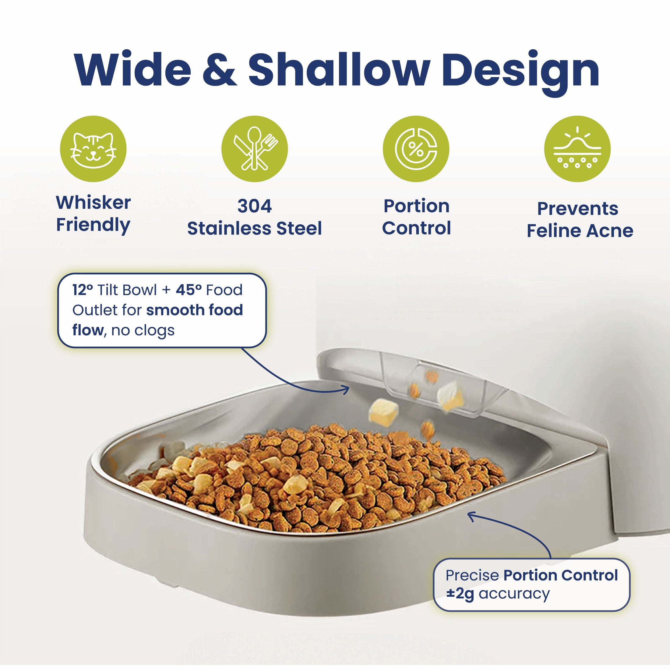 A tilted stainless steel cat food dispenser designed for smooth food flow, portion control, and preventing feline acne. Whisker friendly design.