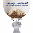 Load image into Gallery viewer, showcasing a pile of kibble and treats, emphasizing "No clogs, No stress!" for efficient dispensing.
