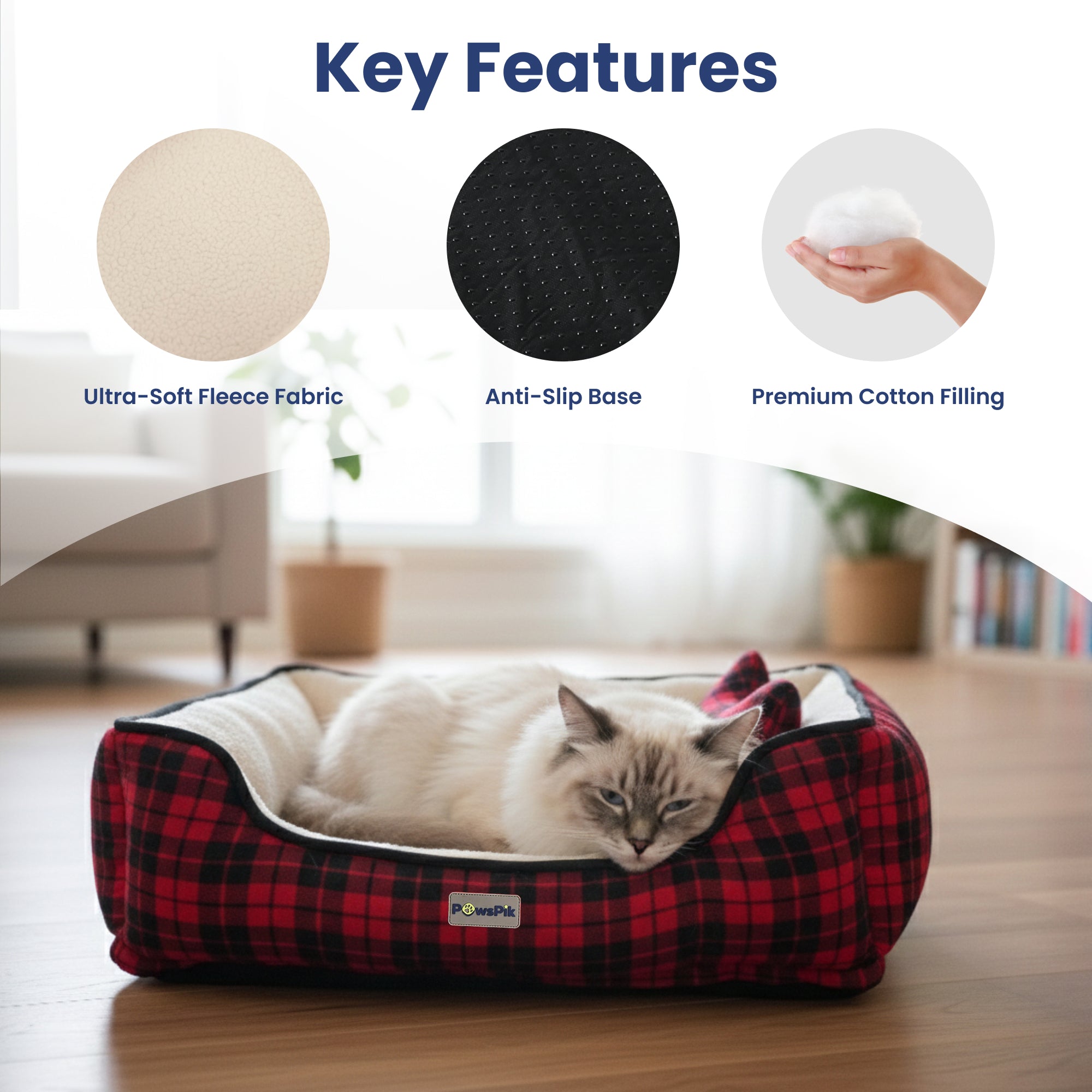 PawsPik® Cozy Fleece & Plush Cat & Dog Orthopedic Bolster Bed, Red Flannel