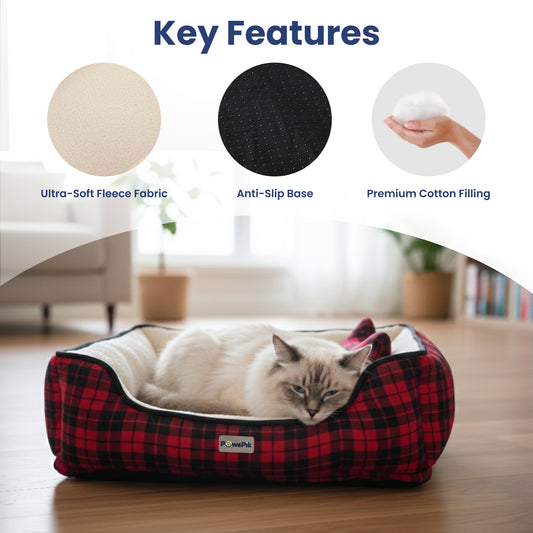 PawsPik® Cozy Fleece & Plush Cat & Dog Orthopedic Bolster Bed, Red Flannel