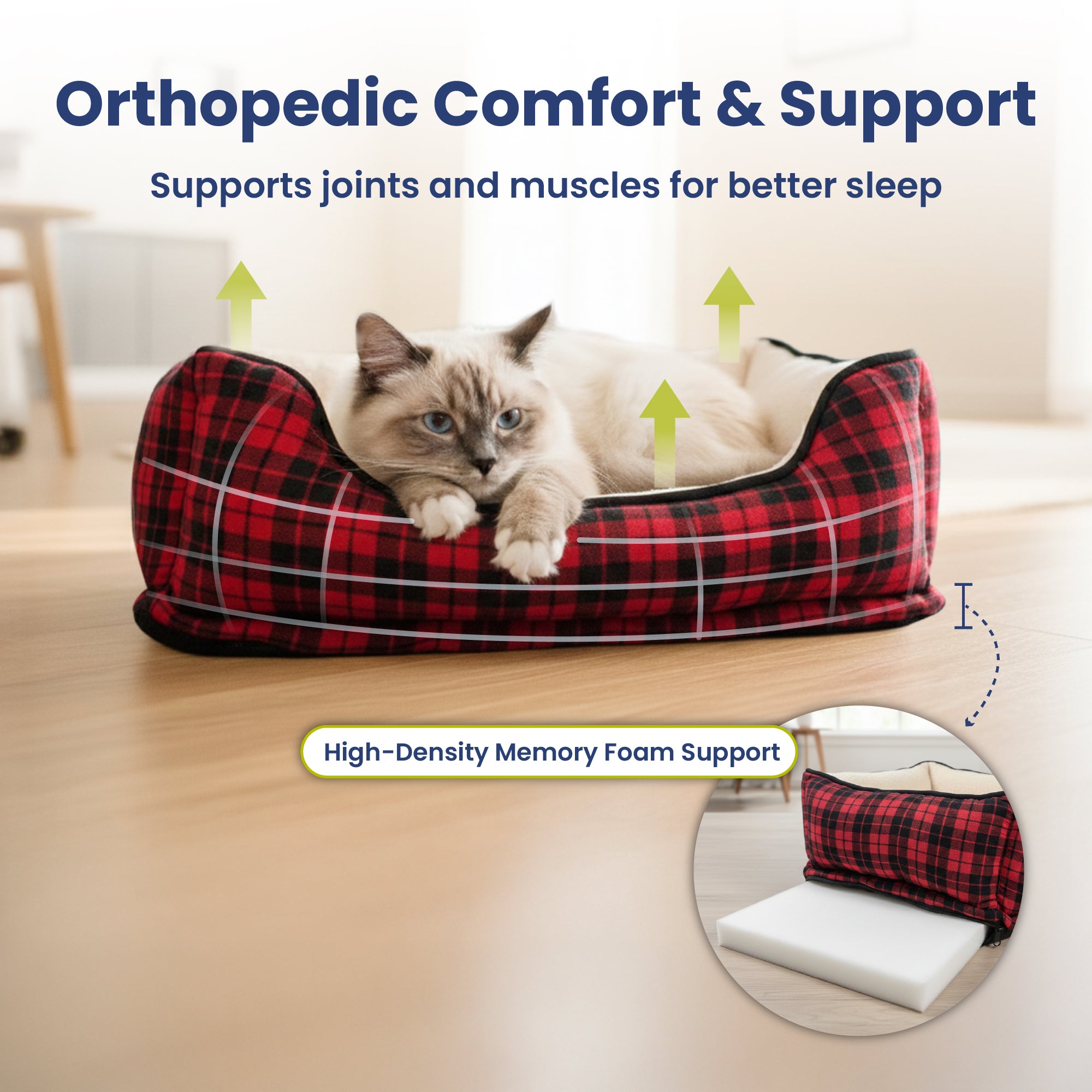 PawsPik® Cozy Fleece & Plush Cat & Dog Orthopedic Bolster Bed, Red Flannel