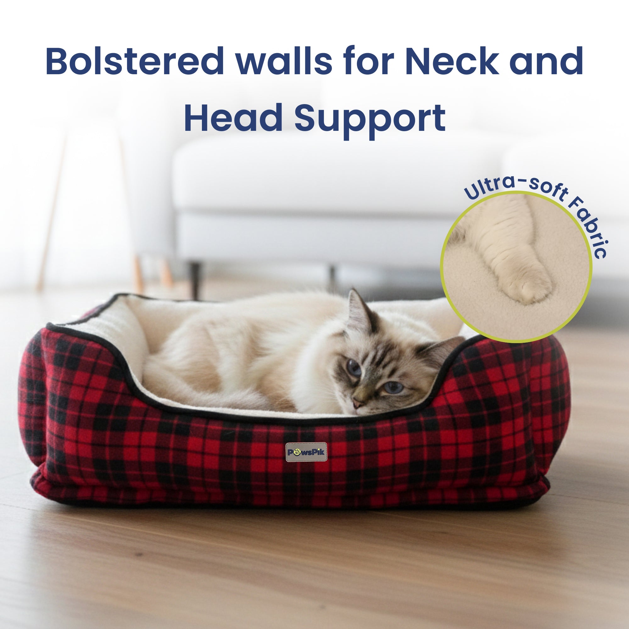 PawsPik® Cozy Fleece & Plush Cat & Dog Orthopedic Bolster Bed, Red Flannel