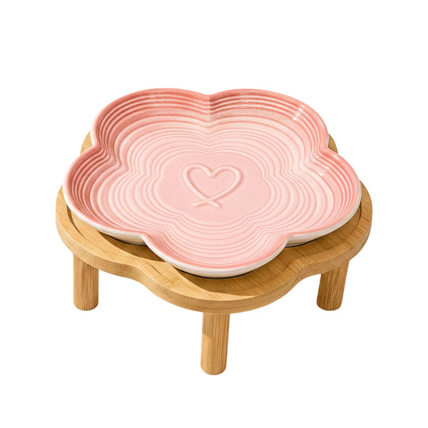 PawsPik® Flower Ceramic Feeding Cat Plate with Raised Bamboo Stand