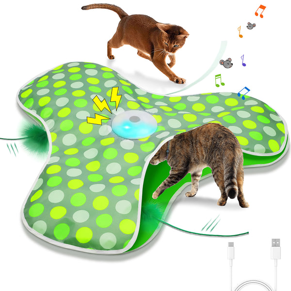 A playful cat and a curious kitten playing with a green dotted PawsPik cat toy that emits sounds and lights.
