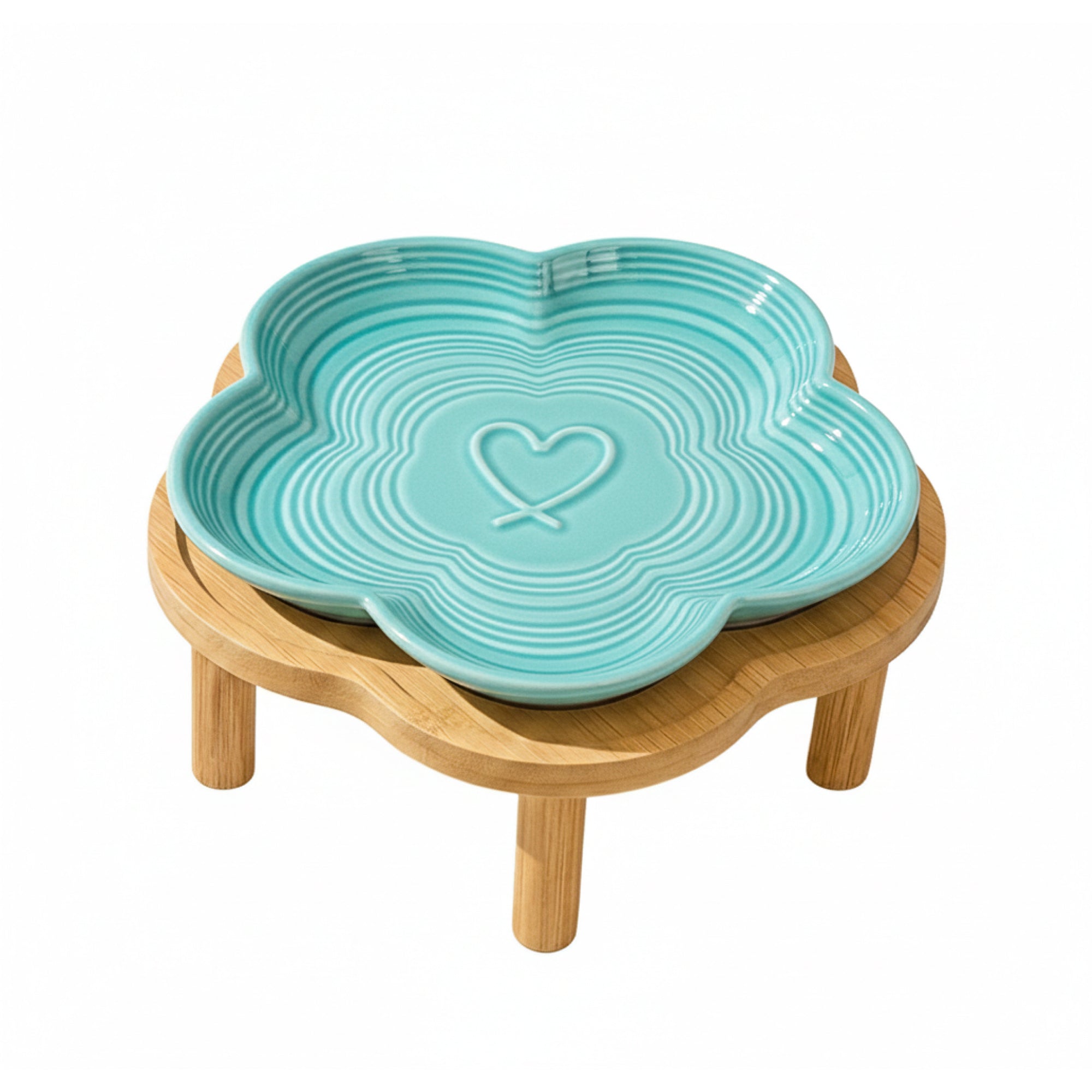 PawsPik® Flower Ceramic Feeding Cat Plate with Raised Bamboo Stand