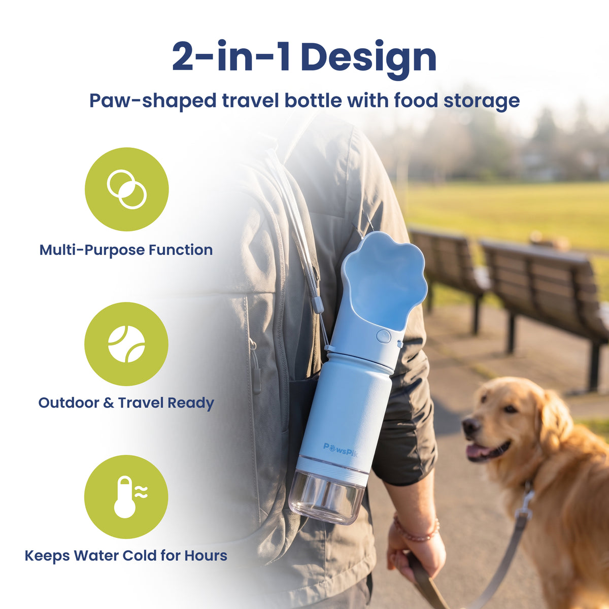 PawsPik® Paw Shaped 2-in-1 Pet Travel Bottle with Food Storage for Dogs & Cats, Blue
