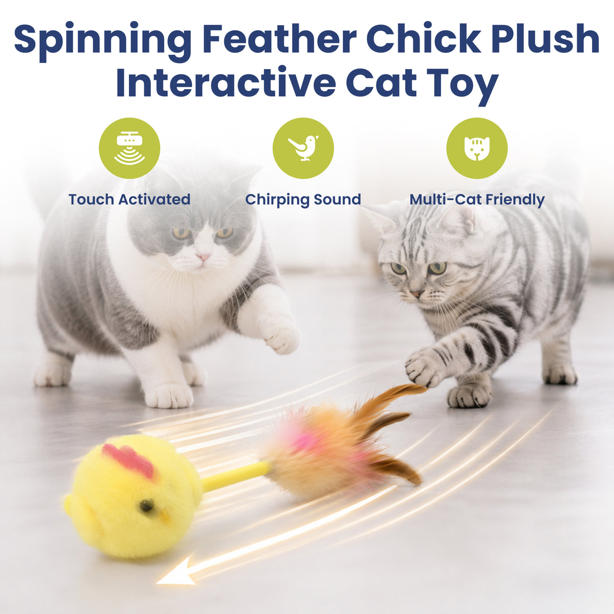 PawsPik® Interactive Spinning Feather Chick Electronic Plush Cat Toy, Yellow