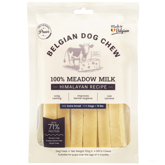 Packaging of Belgian Dog Chew Sticks, featuring 100% meadow milk, Himalayan recipe, with details on size, protein content, and benefits for dogs.
