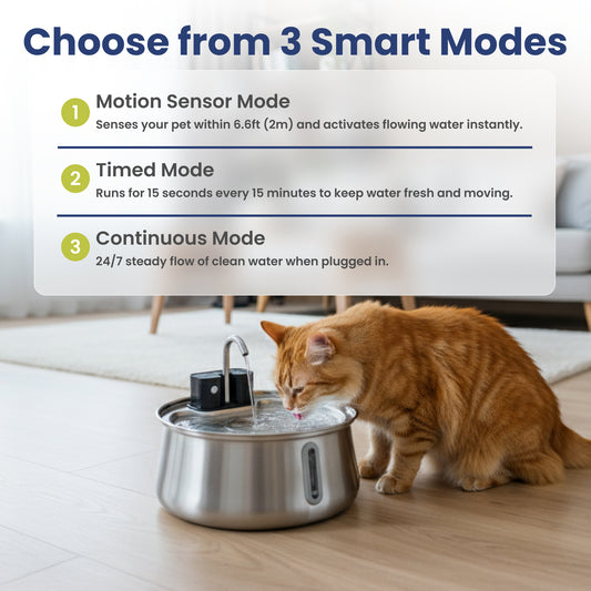 A cat drinks from a modern pet water fountain with three smart modes for activation: motion sensor, timed, and continuous flow.