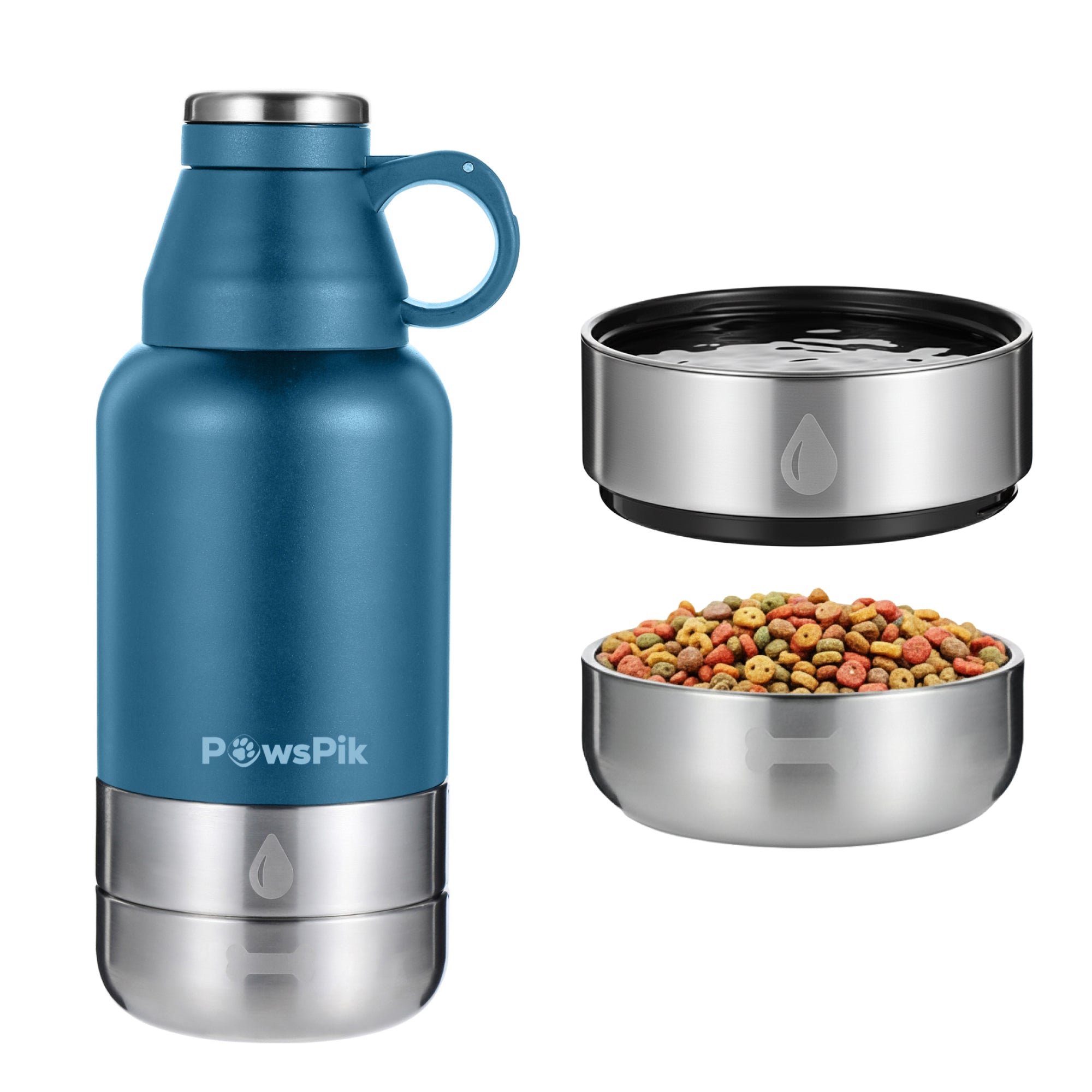 PawsPik Travel 3-in-1 Dog Water Bottle & Bowl Set, Blue