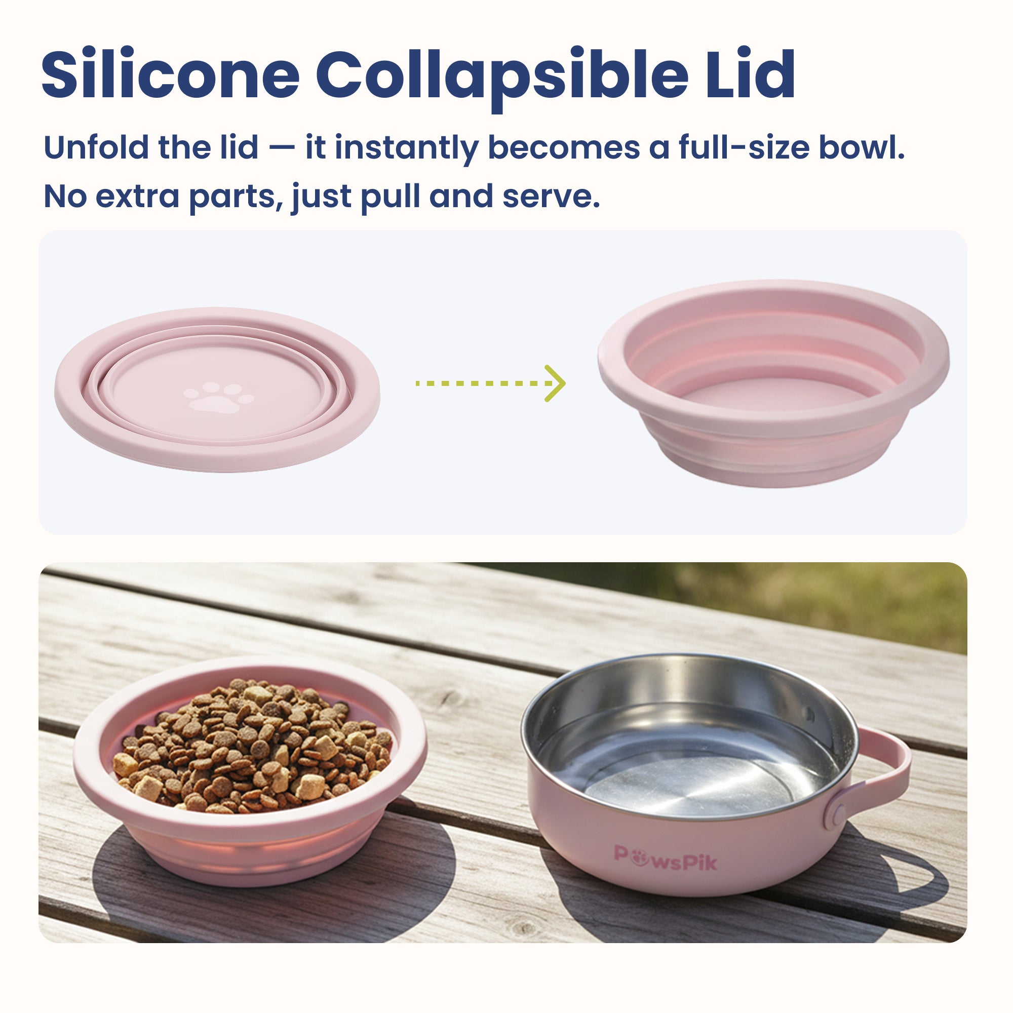 PawsPik® 2-in-1 18/8 Stainless Steel & Silicone Dog & Cat Travel Bowl
