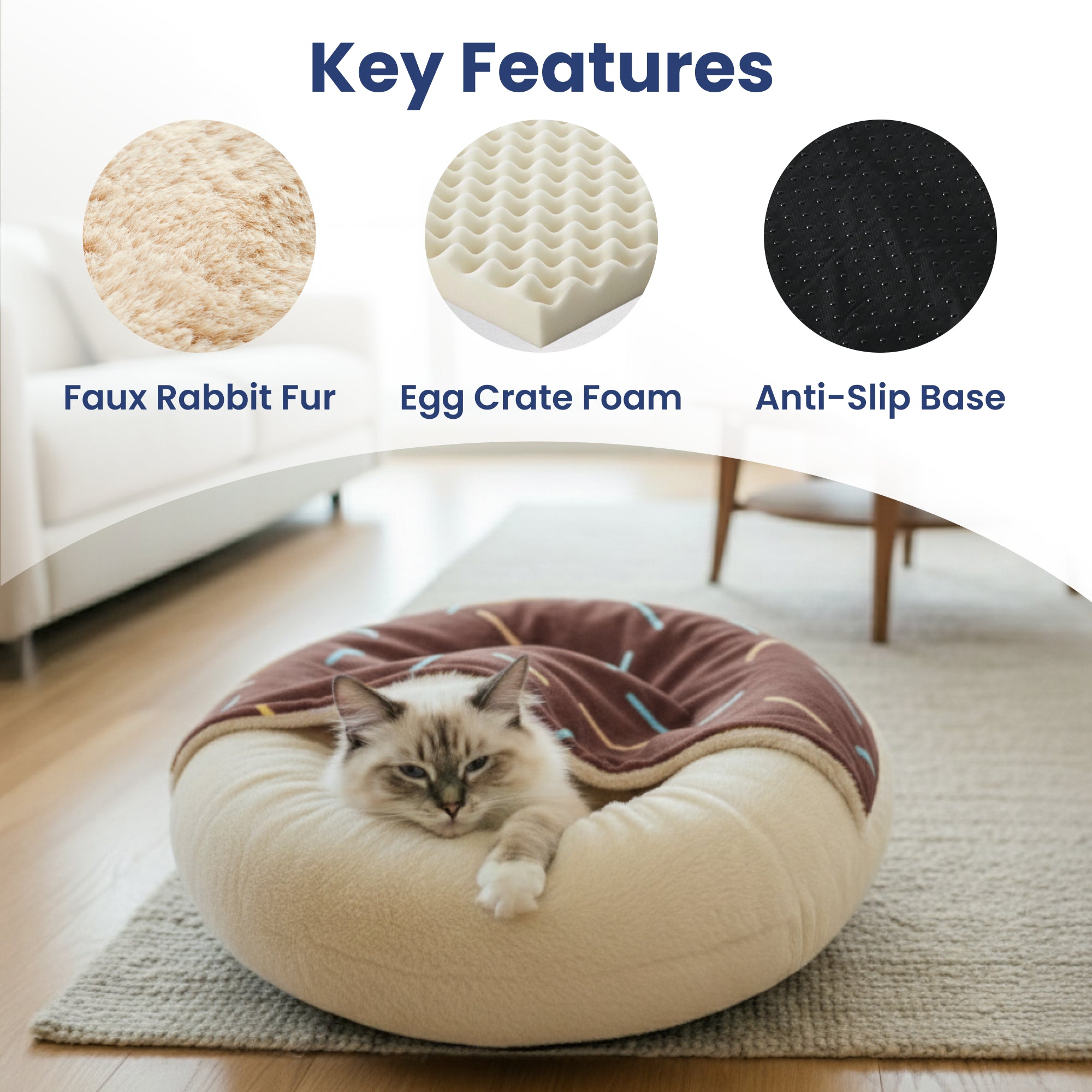 PawsPik® Orthopedic Memory Foam Donut-Themed Plush Bolster Cat & Dog Bed & Removable Cover, Medium