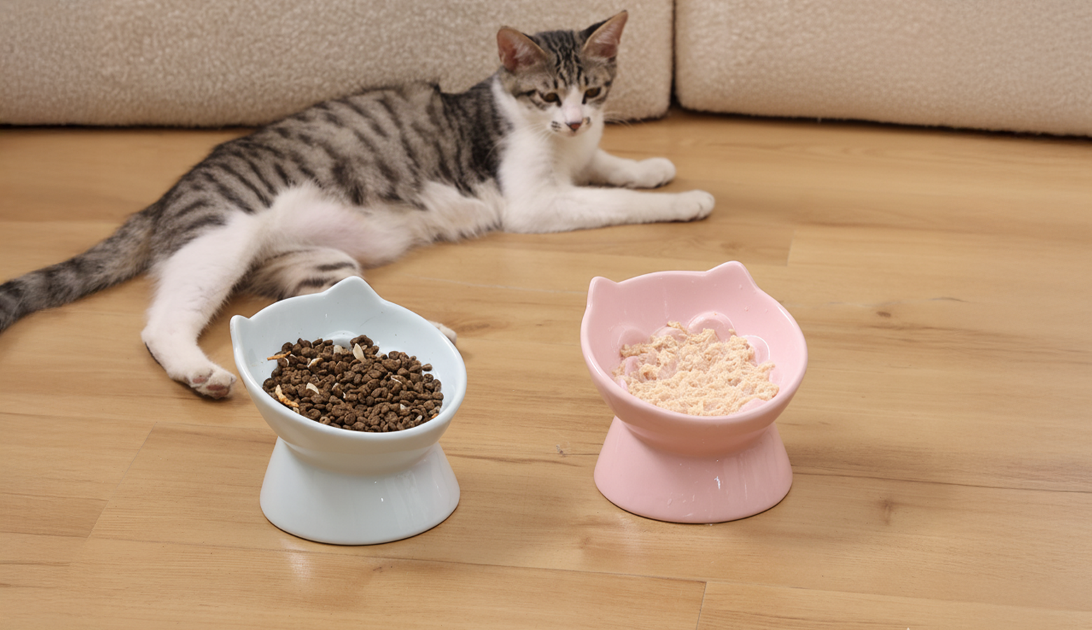 A striped cat lies beside two cat food bowls: one light blue filled with kibble and one pink containing a powdery substance.