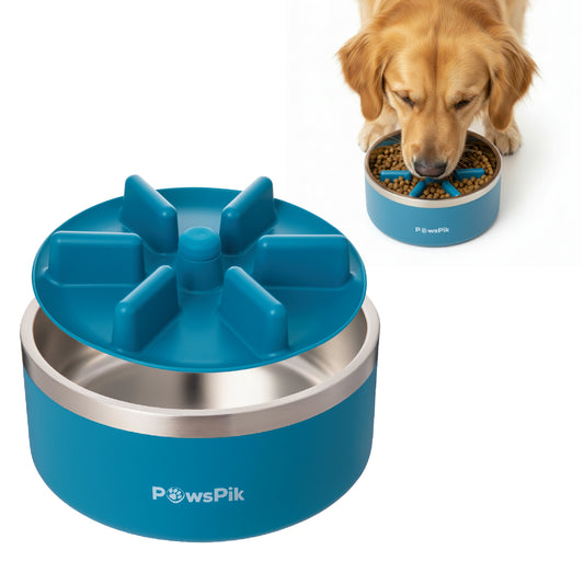 PawsPik® Stainless Steel Double Wall Slow-Feed Puzzle Dog Bowl, 64 oz