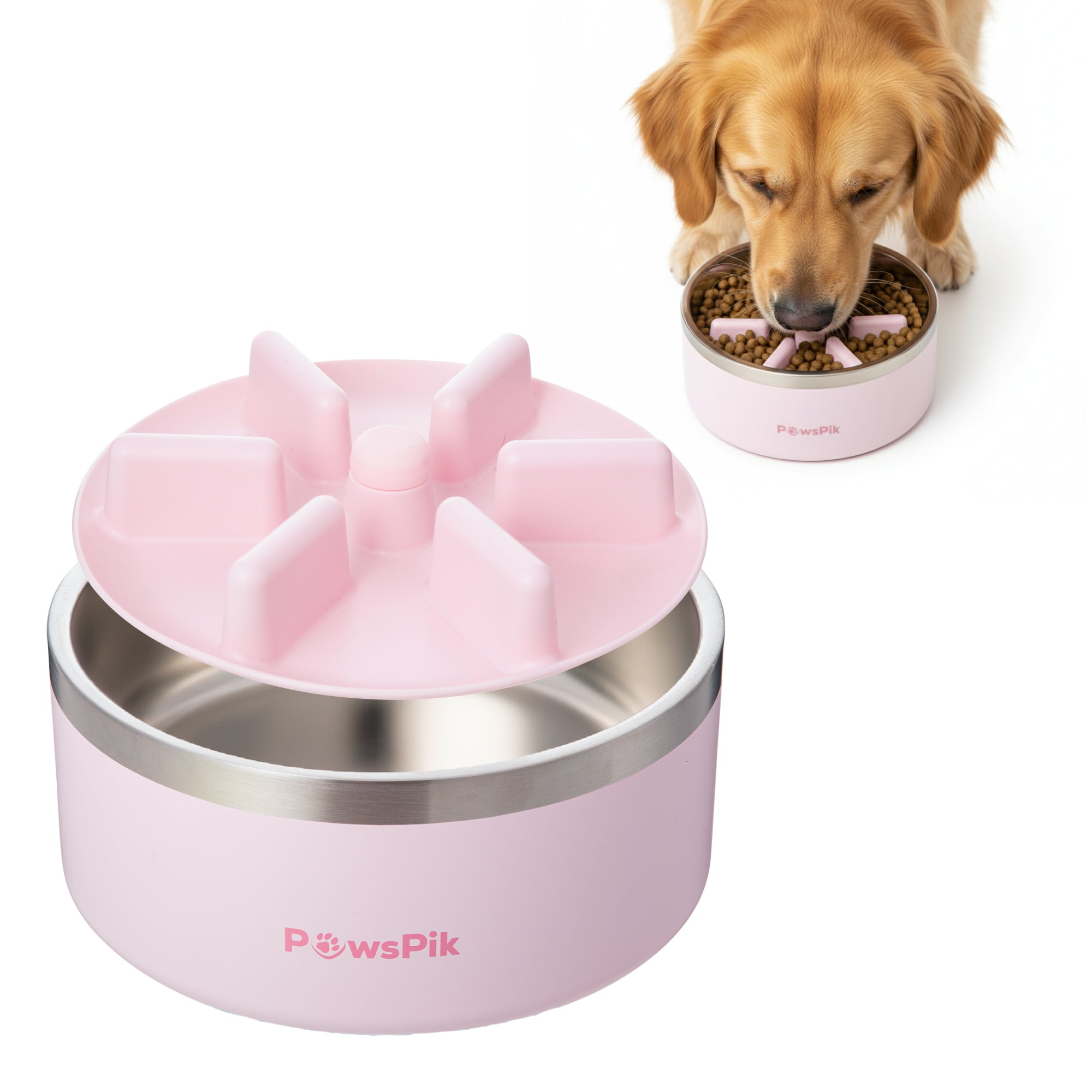 PawsPik® Stainless Steel Double Wall Slow-Feed Puzzle Dog Bowl, 64 oz