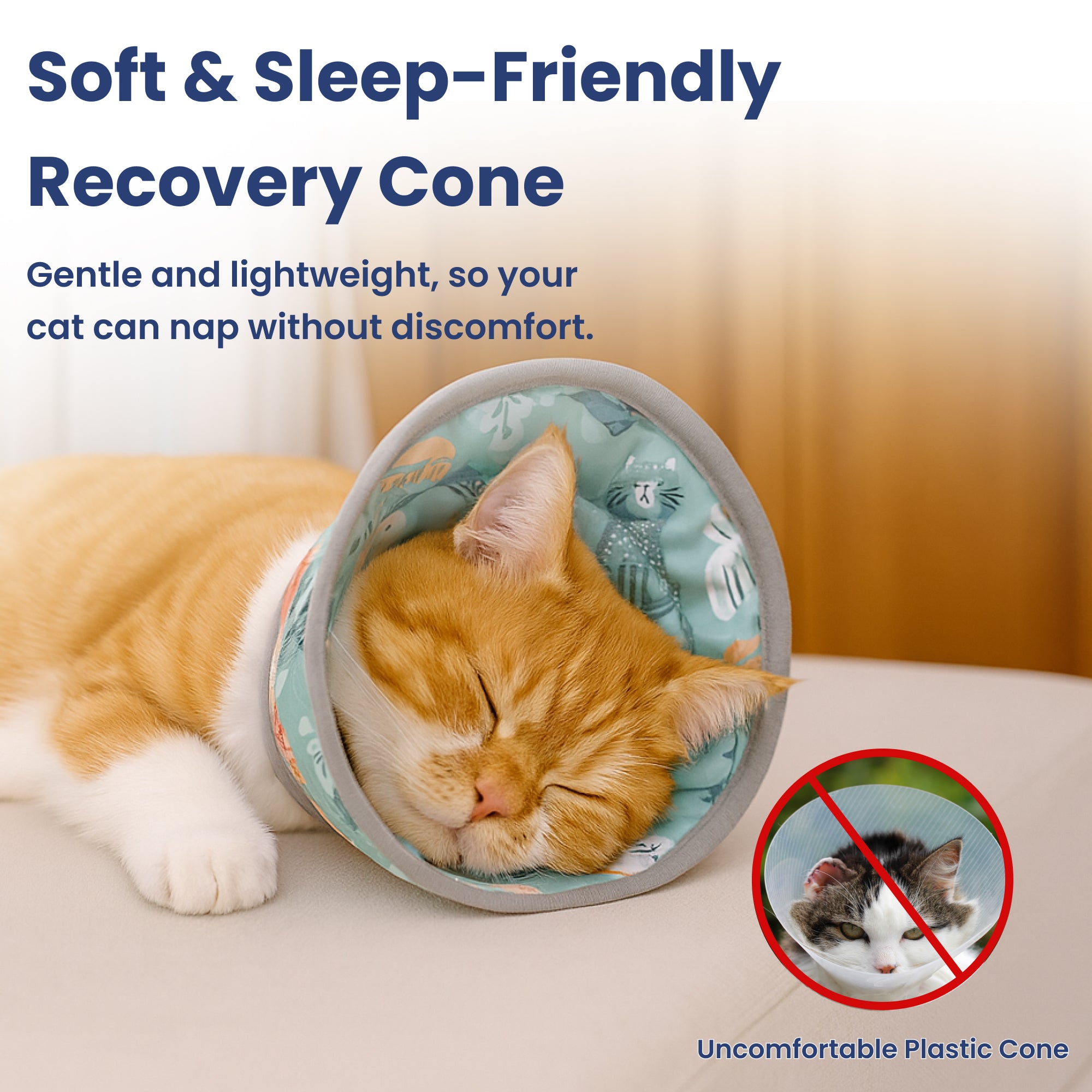 A sleeping orange cat wears a soft cat recovery collar highlighting its comfort compared to traditional plastic cones.