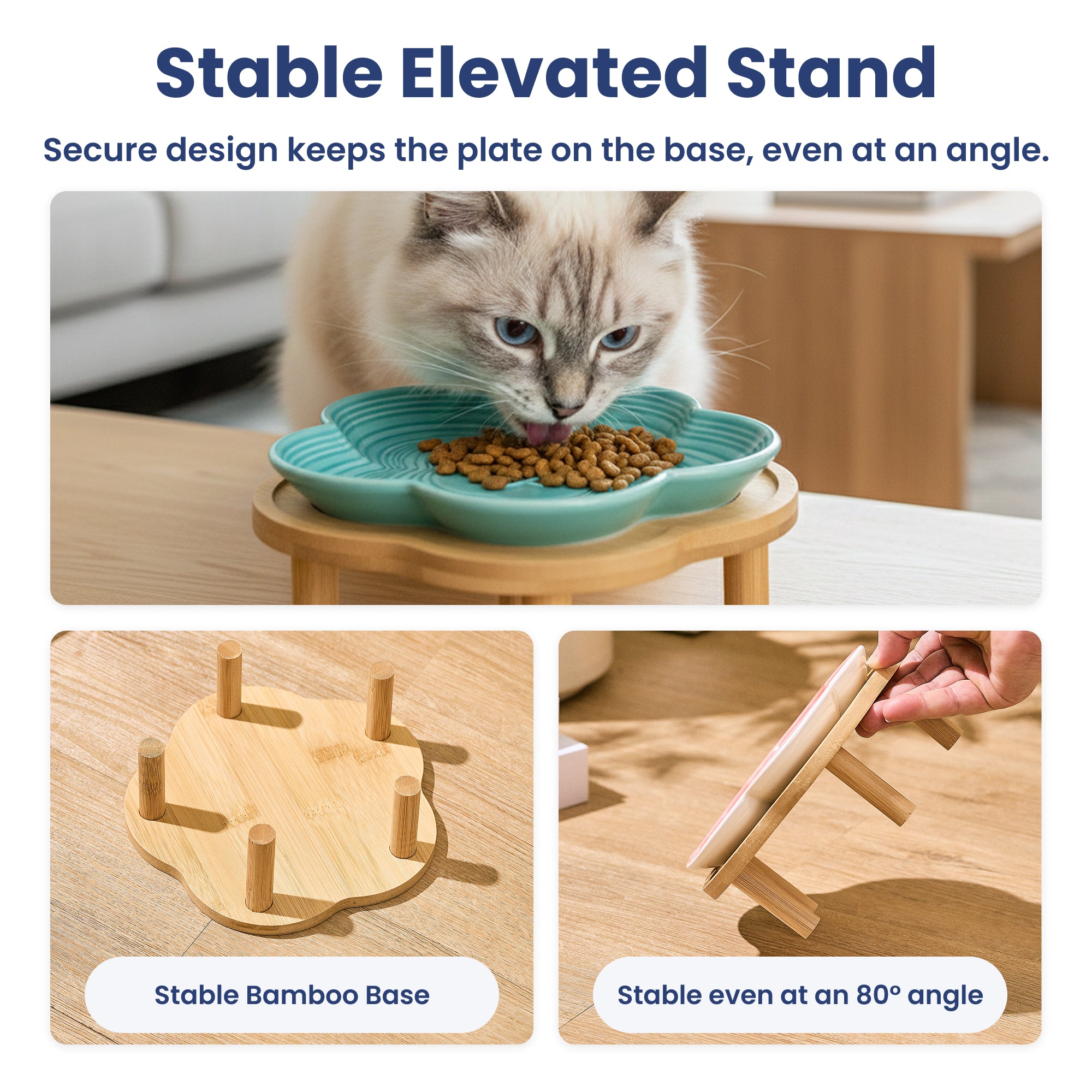 PawsPik® Flower Ceramic Feeding Cat Plate with Raised Bamboo Stand