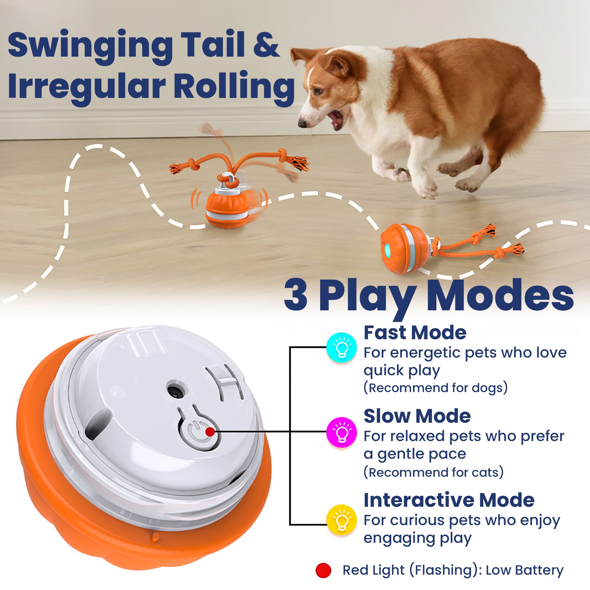 PawsPik® Rope Runner Interactive Squeaky Rechargeable Small Dog Ball &