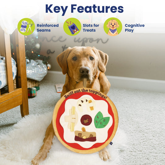 A dog sits on a fluffy rug, holding a colorful dog interactive toy shaped like a pizza, designed for interactive play and treats.
