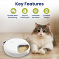 Load image into Gallery viewer, A fluffy cat sits beside a white cat feeder, showcasing its features: flexible scheduling, secure lid, freezer packs, and cordless design.
