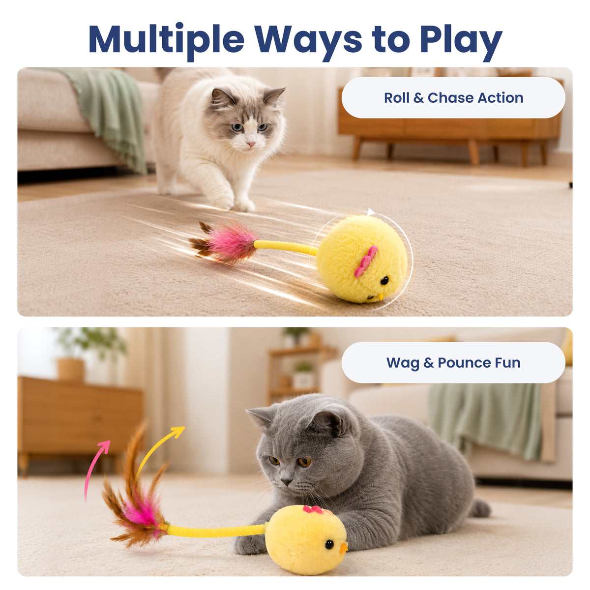 PawsPik® Interactive Spinning Feather Chick Electronic Plush Cat Toy, Yellow