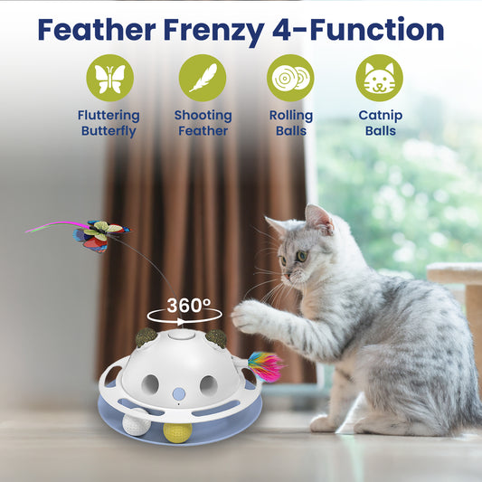 PawsPik® Feather Frenzy 4-Function Interactive Cat Toy with Catnip Balls, White