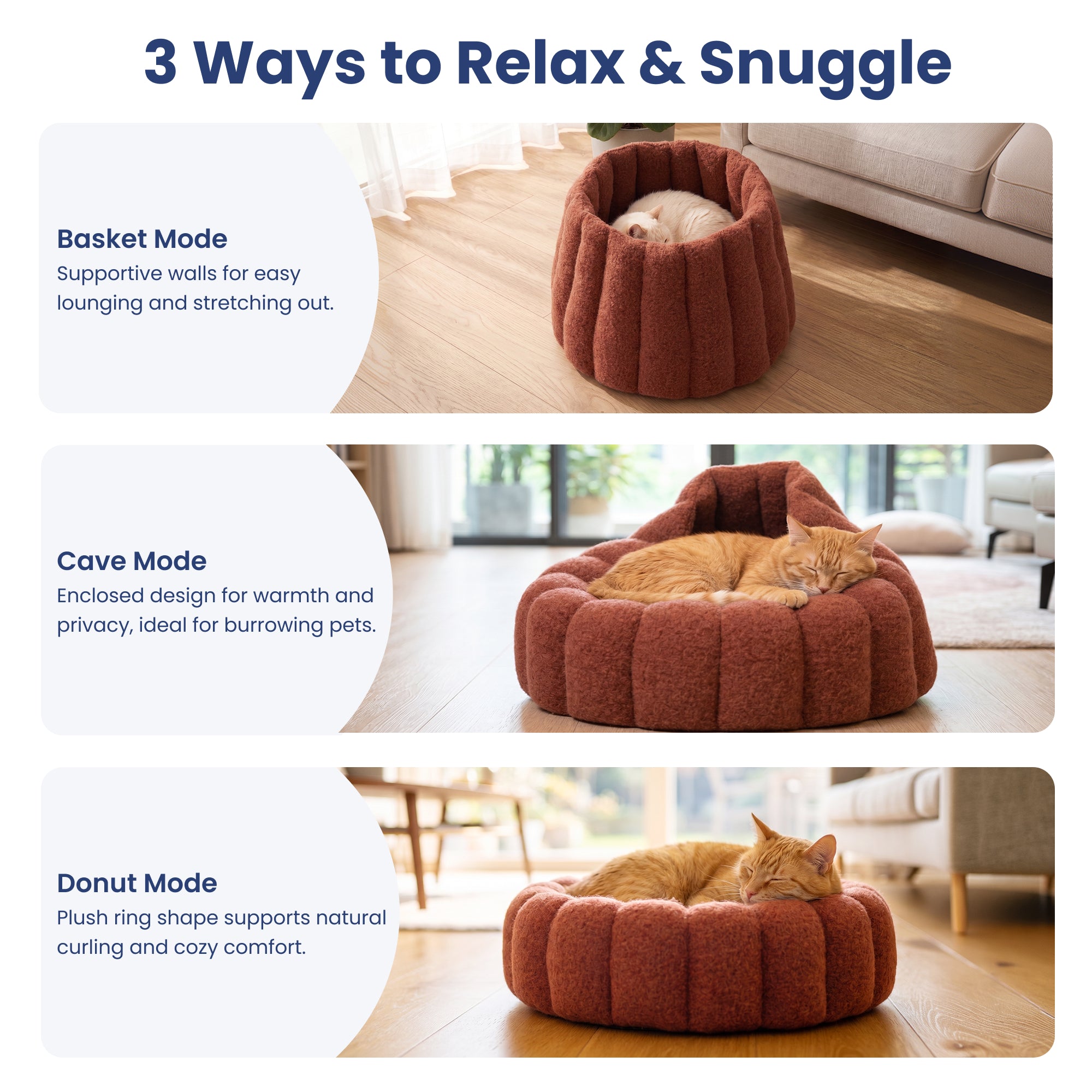 PawsPik® 3-in-1 Convertible Plush Cave & Donut Bolster Dog & Cat Bed, Medium
