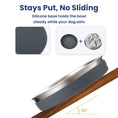 Load image into Gallery viewer, Grey slow feed dog bowl featuring a silicone base for stability, preventing sliding during meals. Includes visuals of the base and bowl design.
