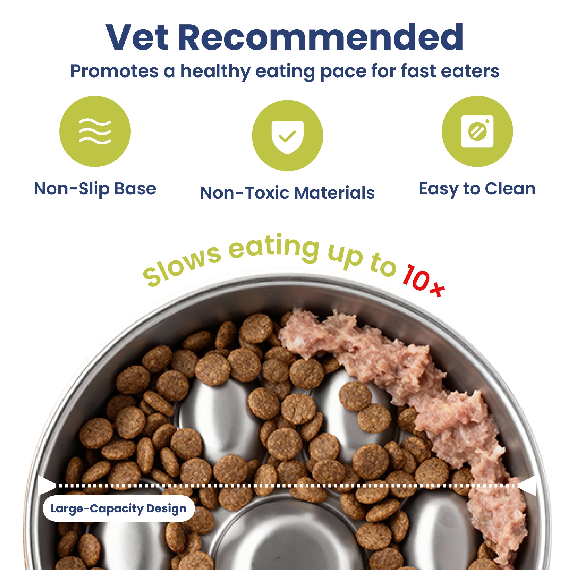 Vet-recommended slow eating dog bowl to slow fast eaters. Features a non-slip base, non-toxic materials, and easy cleaning. Large capacity included.