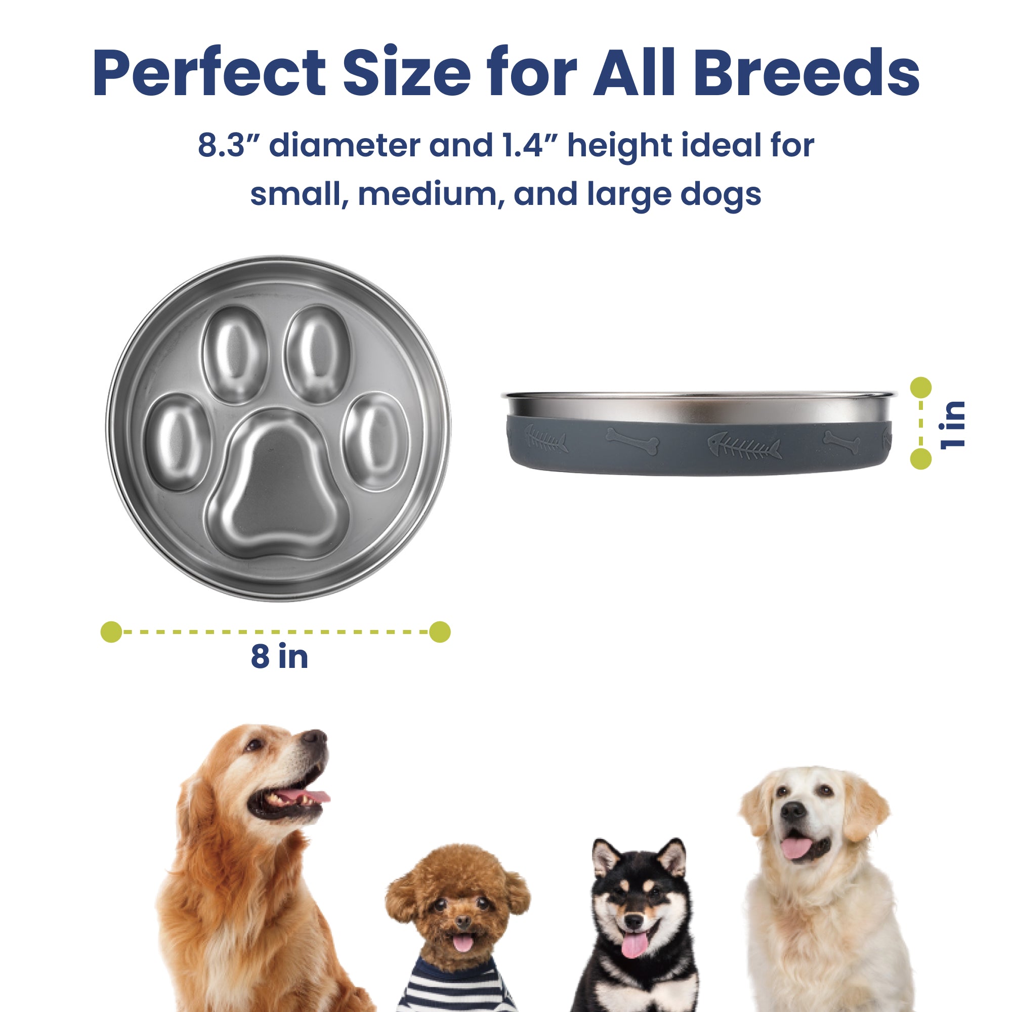 Stainless steel puzzle dog bowl with a paw print design, measuring 8.3 inches wide and 1.4 inches tall, suitable for all dog breeds.