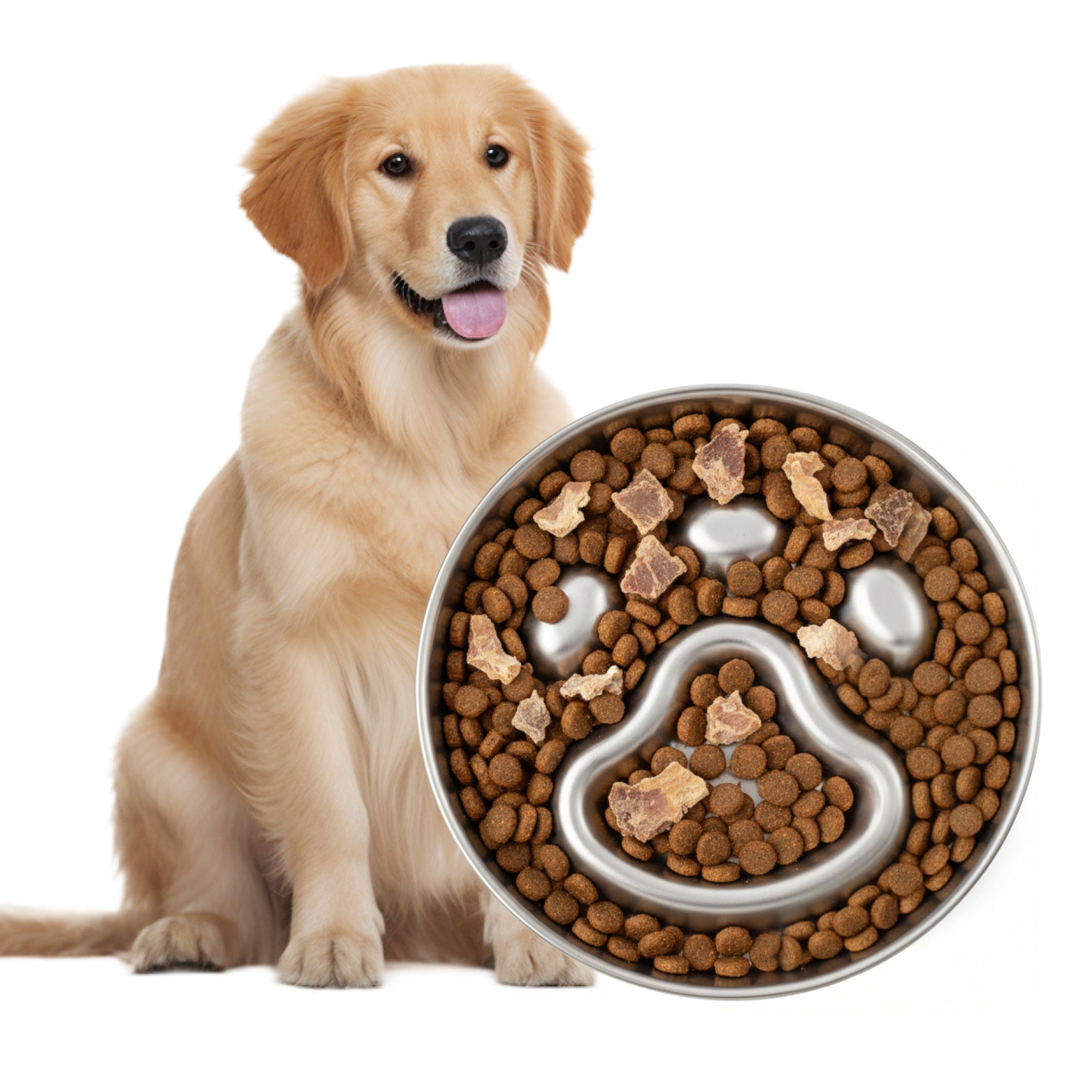 A golden retriever sits beside a stainless steel slow feed dog bowl filled with brown kibble, shaped like a paw print, with some treats on top.