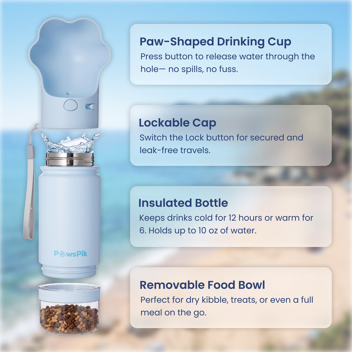 PawsPik® Paw Shaped 2-in-1 Pet Travel Bottle with Food Storage for Dogs & Cats, Blue