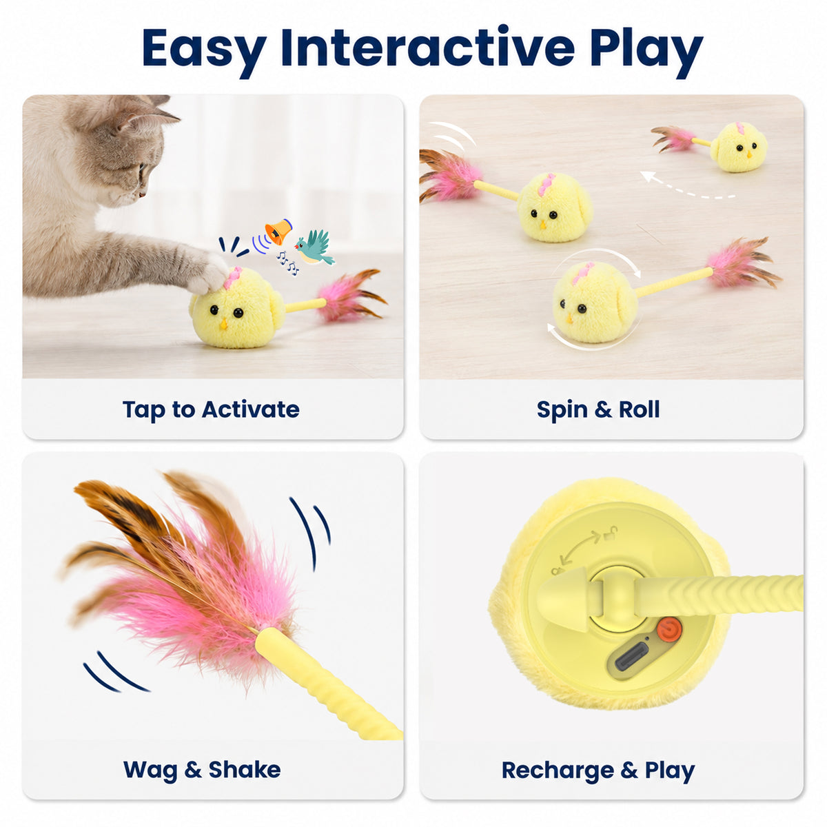 PawsPik® Interactive Spinning Feather Chick Electronic Plush Cat Toy, Yellow
