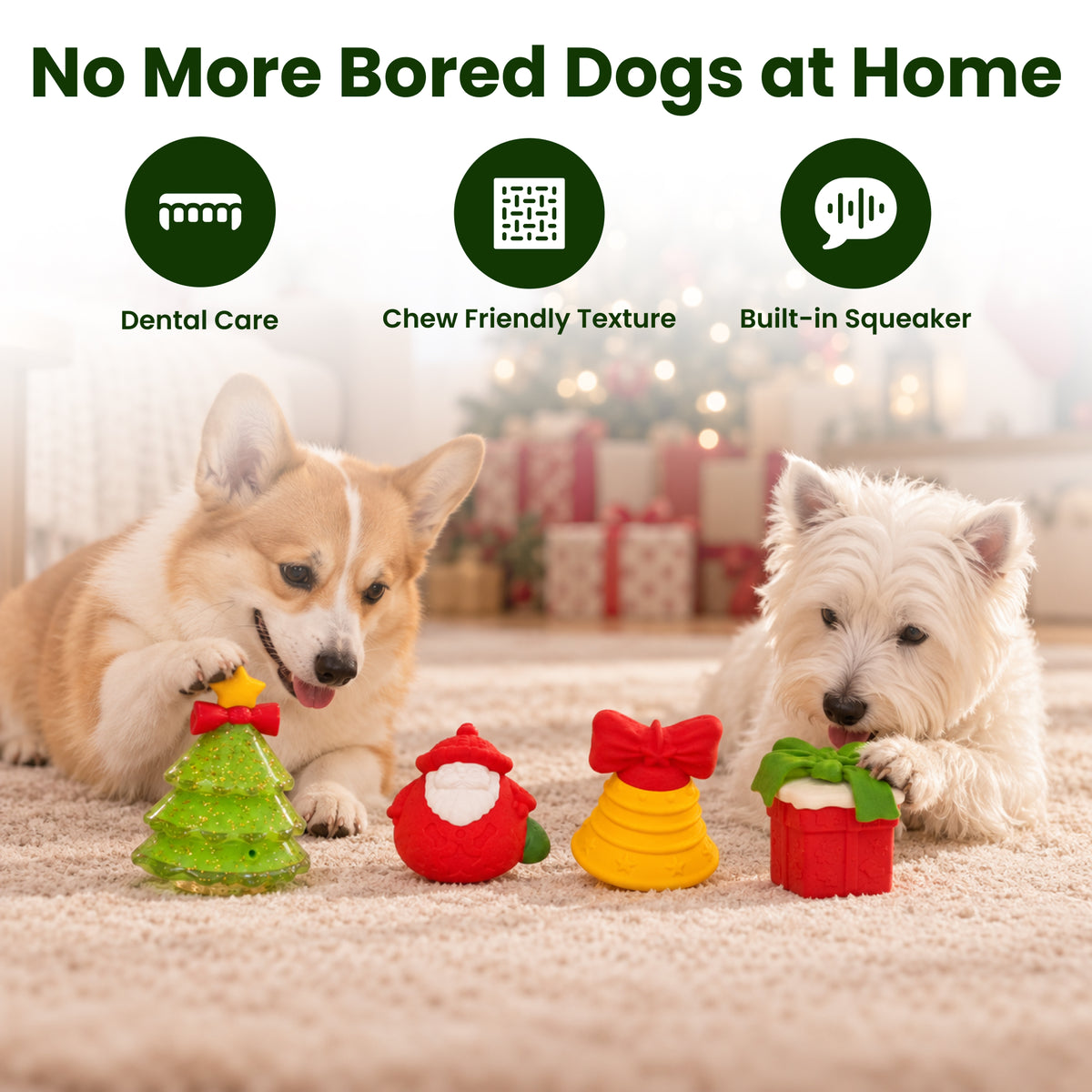 PawsPik® Christmas Bundle Holiday Squeaky & Dental Chew Dog Toy, 4 count
