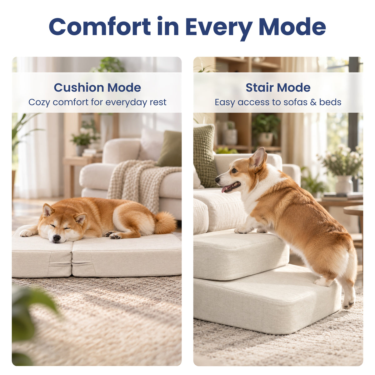 PawsPik® 2-in-1 Foldable Cushion & Dog & Cat Stair, Beige