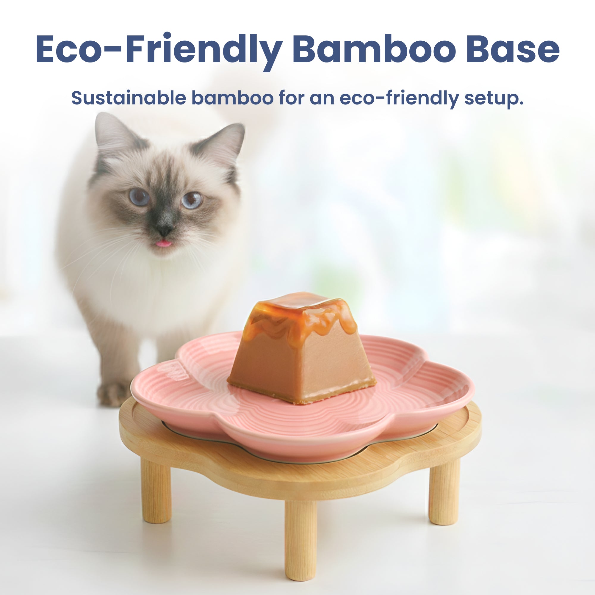 PawsPik® Flower Ceramic Feeding Cat Plate with Raised Bamboo Stand